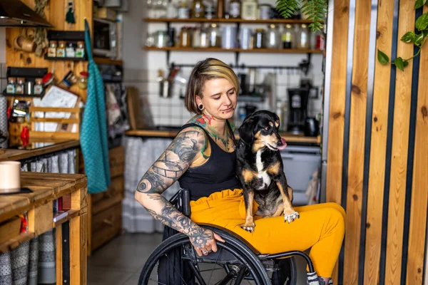 Young Woman Disability Her Dog Home — Photo