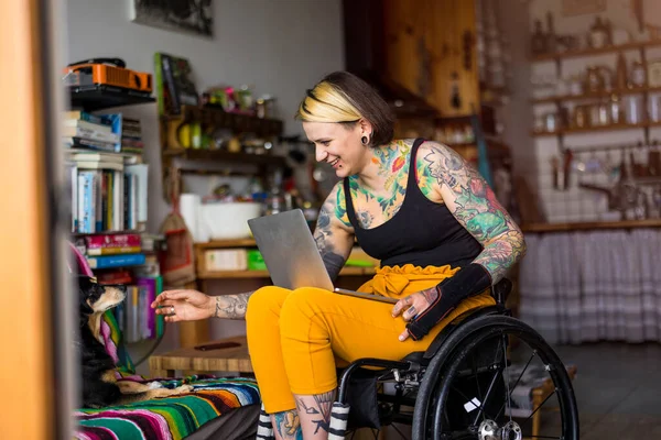 Young Woman Disability Her Dog Home — Stock Fotó