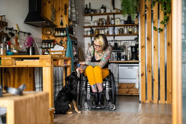 Young Woman Disability Her Dog Home — Stock Fotó