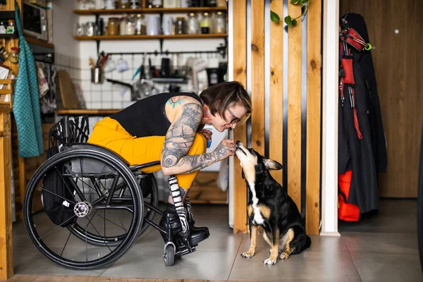 Young Woman Disability Her Dog Home — Photo