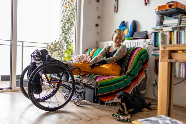 Young Woman Disability Her Dog Home — Stock Fotó