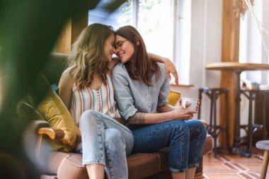 Mutlu, sevecen lezbiyen çift evde.