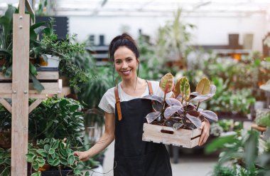 Bahçe merkezinde çalışan bir kadın.