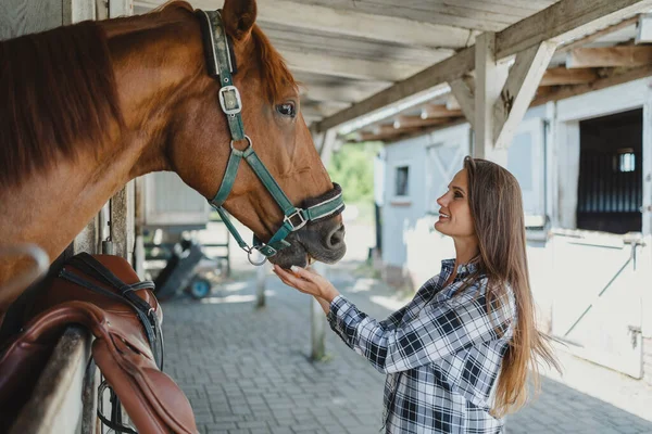 Молодая Женщина Конюшне Своей Лошадью — стоковое фото