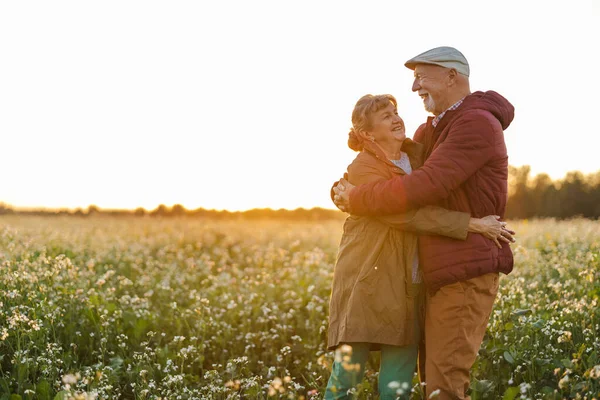 Senior couple in a field in autumn at sunset