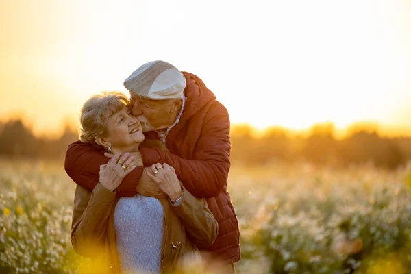 Couple Sénior Dans Champ Automne Coucher Soleil — Photo