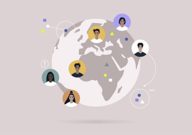 Küresel iletişim konsepti, üzerinde renkli kullanıcı avatarları olan bir Globe, Küreselleşme 
