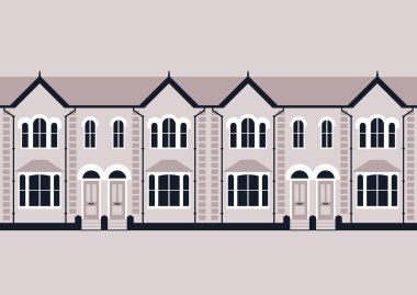 Tuğladan yapılmış, pürüzsüz desenli, insansız geleneksel bir İngiliz yerleşim evi.