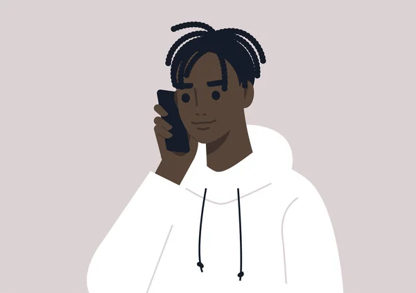 Jeune Personnage Noir Masculin Parlant Téléphone Style Vie Millénaire — Image vectorielle