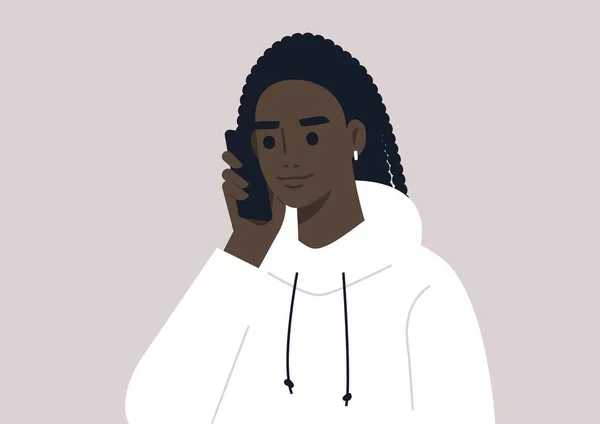 Joven Personaje Negro Hablando Por Teléfono Estilo Vida Milenario — Archivo Imágenes Vectoriales