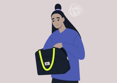Genç endişeli Asyalı kadın karakter çantalarında anahtar ya da para arıyor, günlük rutin bir sahne.