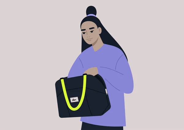 Молодая Женщина Азиатский Характер Ищет Ключи Бумажник Сумке Повседневной Сцены — стоковый вектор