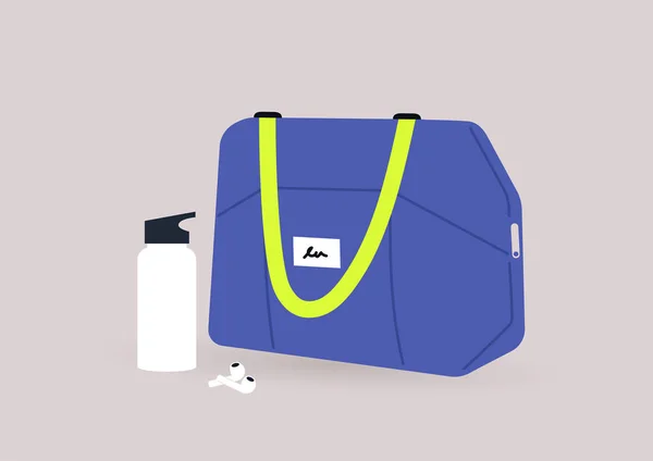 Conjunto Bolsa Deporte Botella Agua Sostenible Auriculares Inalámbricos Entrenamiento Gimnasio — Vector de stock