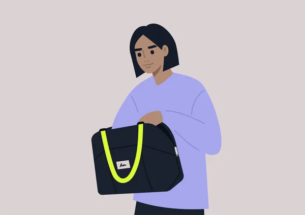 Fiatal Női Karakter Keresi Kulcsokat Vagy Pénzt Táskájukban Egy Napi — Stock Vector