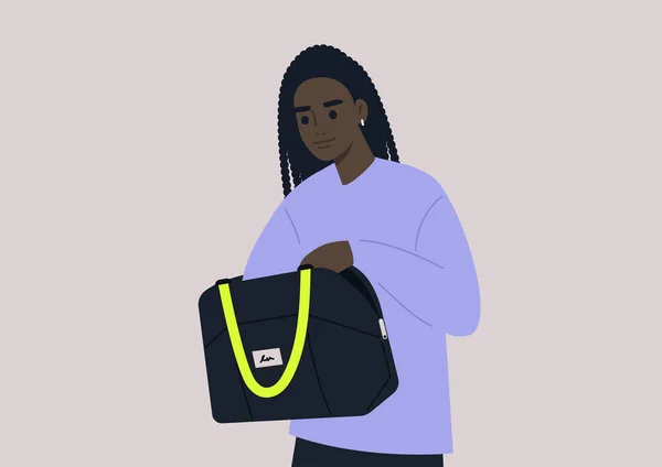 年轻的黑人女性角色在包里找钥匙或钱 这是每天的例行公事 — 图库矢量图片