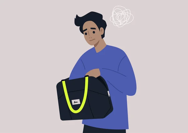 Joven Personaje Masculino Ansioso Buscando Llaves Dinero Bolso Una Escena — Vector de stock