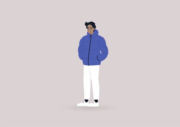 Genç Bir Erkek Karakter Kışlık Balon Gibi Bir Ceket Giyiyor — Stok Vektör