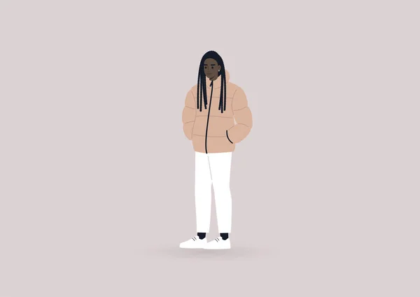Jeune Personnage Féminin Noir Portant Une Doudoune Hiver Style Vie — Image vectorielle