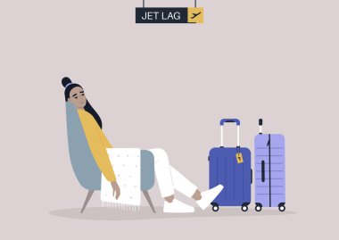 Jet-lag yüzünden acı çeken genç bir Asyalı kadın karakter, yan etkiler, zaman dilimi farkı.