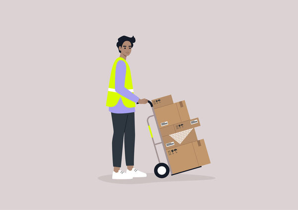 A young male storage worker wearing a high visibility yellow vest