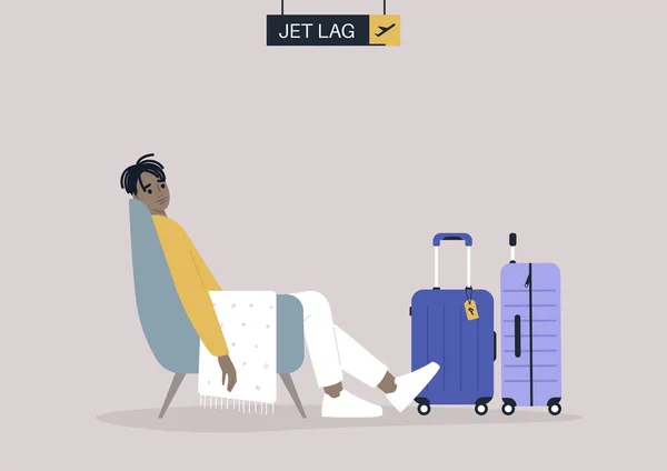 Jovem Africano Sofrendo Por Causa Jet Lag Desvantagens Viagem Diferença — Vetor de Stock