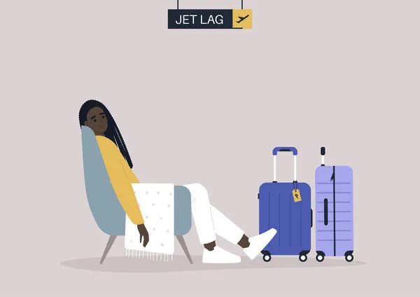 ジェット ラグのために苦しんでいる若い女性のアフリカのキャラクターは ダウンサイド タイムゾーンの違いを旅行 — ストックベクタ