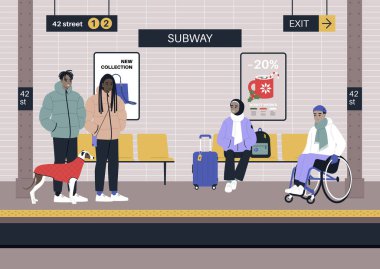 Metro yolcuları bir platformda bekliyor, kış sezonu, reklamlar ve tabelalar.