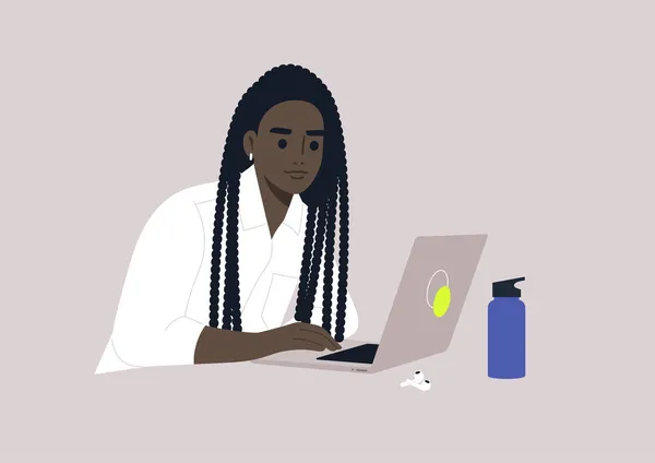 一个年轻的非洲女性角色在笔记本电脑 办公室生活中打字 — 图库矢量图片