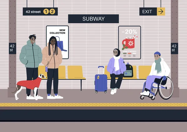 Tunnelbanepassagerare Väntar Plattform Vintersäsong Annonser Och Skyltar — Stock vektor