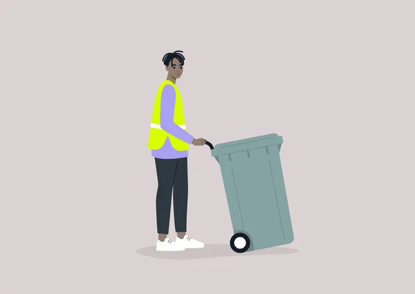 ゴミ箱 ユーティリティサービス 環境会話 車輪の上のプラスチックごみ容器を収集する若い男性アフリカのキャラクター — ストックベクタ