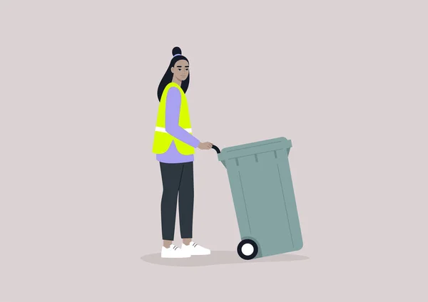 廃ビン ユーティリティサービス 環境会話 車輪のプラスチックごみ容器を収集する若い女性アジアのキャラクター — ストックベクタ