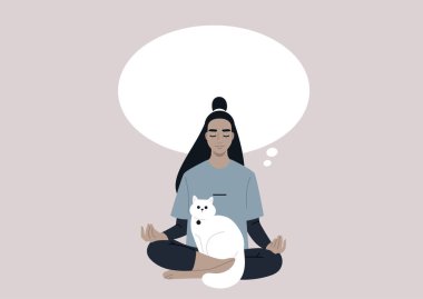 Genç bir Asyalı kadın karakter kucağında beyaz bir kediyle meditasyon yapıyor. Zihni açık ve düşünceli.