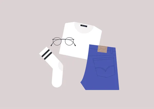 Sada Klasických Neformálních Oděvů Modré Džíny Bílé Tričko Pruhované Ponožky — Stockový vektor