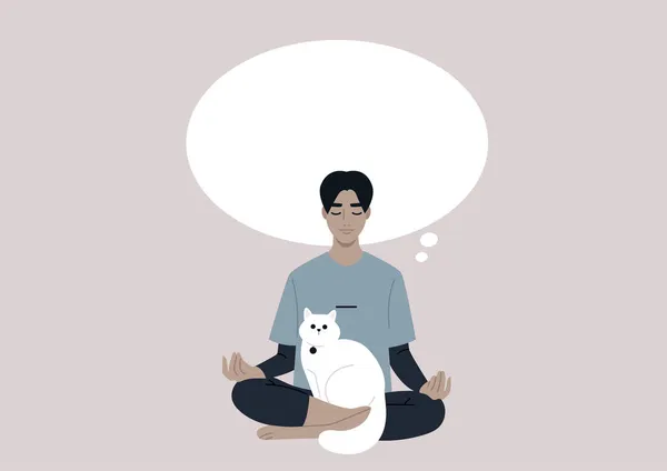Egy Fiatal Ázsiai Férfi Karakter Meditál Egy Fehér Macskával Ölükben — Stock Vector