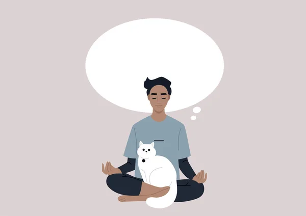 Young Caucasian Male Character Meditating White Cat Lap Clear Mind — Stock Vector
