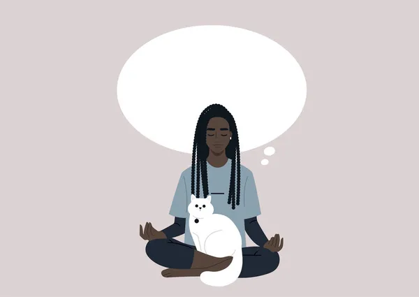 Egy Fiatal Afrikai Karakter Meditál Fehér Macskával Ölükben Tiszta Elmével — Stock Vector