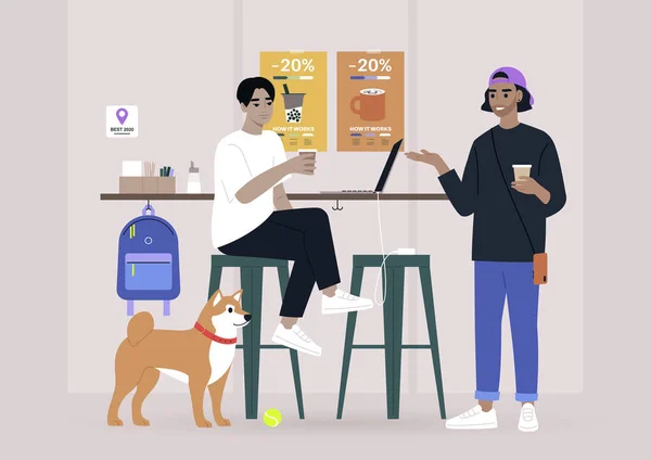 Dos Millennials Charlando Mostrador Cafetería Lugar Adecuado Para Perros Estilo — Vector de stock
