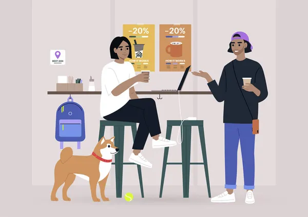 Twee Millennials Chatten Bij Bar Bar Bar Een Hond Vriendelijke — Stockvector