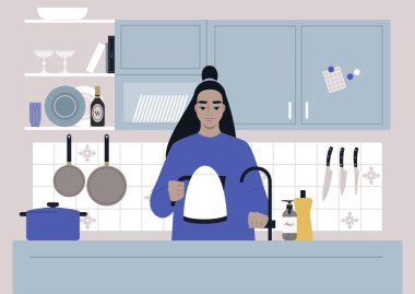 Genç bir Asyalı kadın karakter çaydanlığa su döküyor, günlük rutin bir mutfak sahnesi.