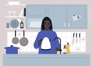 Genç bir Afrikalı kadın karakter çaydanlığa su döküyor, günlük rutin bir mutfak sahnesi.