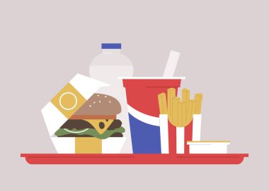 Tepside fast food, kağıt kutuda çizburger, plastik şişede su, bir bardak soda, çizgili bir kabın içinde patates kızartması ve sos.