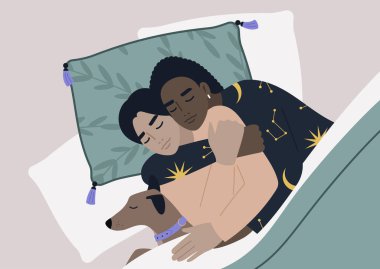 Irklar arası bir çiftin evcil hayvanlarıyla yatışının en iyi görüntüsü, rahat bir ev atmosferi.