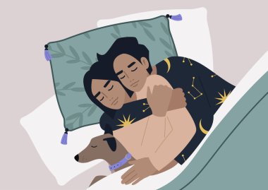 Kafkas bir çiftin evcil hayvanlarıyla yatışının üst görüntüsü, rahat bir ev atmosferi.