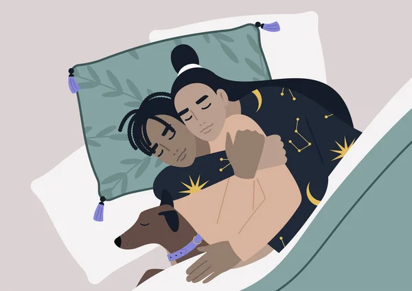 Una Vista Superior Una Pareja Interracial Durmiendo Con Mascota Ambiente — Archivo Imágenes Vectoriales