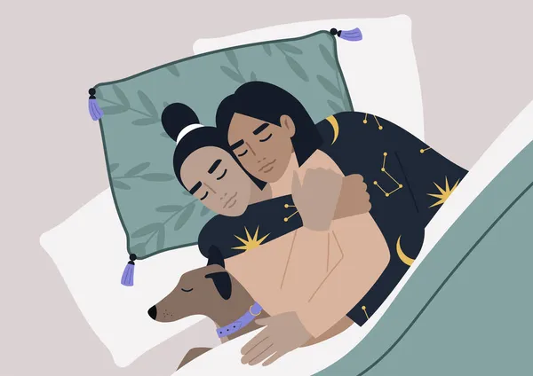 Una Vista Superior Una Pareja Lesbiana Durmiendo Con Mascota Ambiente — Archivo Imágenes Vectoriales
