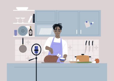 Bir aşçılık programı, kamerada kızarmış hindi pişiren genç bir Afrikalı karakter, tripodda bir cep telefonu.