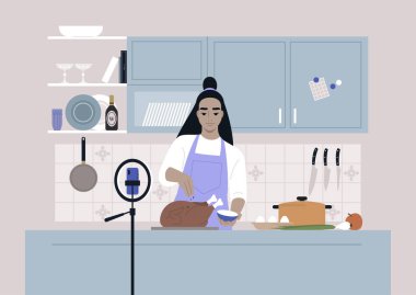 Aşçılık programı, kamerada kızarmış hindi pişiren genç bir Asyalı karakter, tripodda cep telefonu.