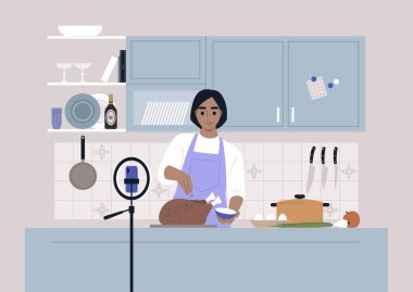 Mutfak şovu, beyaz bir kadın karakter kamerada kızarmış hindi, tripodda cep telefonu pişiriyor.