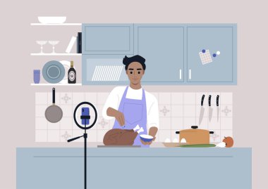 Bir aşçılık programı, kamerada kızarmış hindi pişiren beyaz bir erkek karakter, tripodda bir cep telefonu.