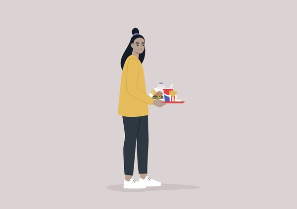 Jeune Asiatique Tenant Plateau Fast Food Cheeseburger Dans Une Boîte — Image vectorielle